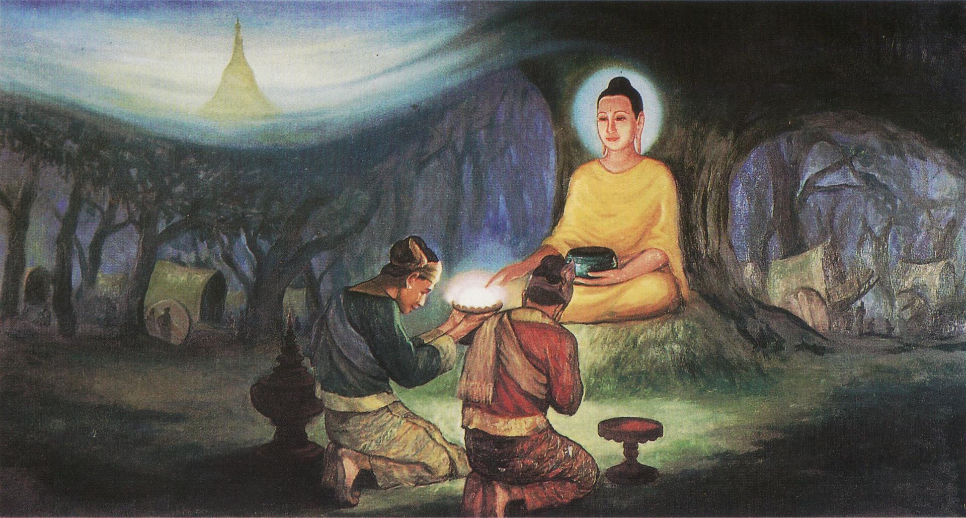 Hai thuong nhan Tupussa va Bhallika, hai nguoi de tu tai gia dau tien, dang cung thuc pham len Duc Phat._1.jpg