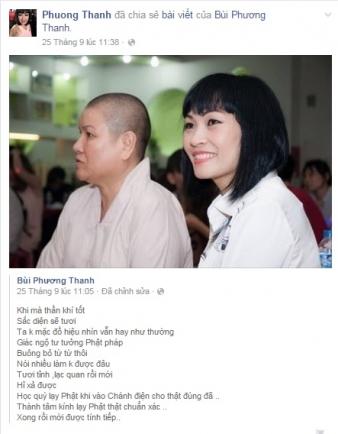 Ca sỹ Phương Thanh và Status trên Trang cá nhân của cô.