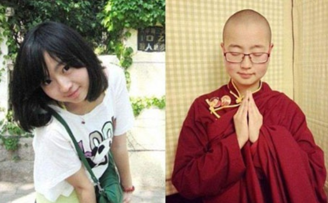 Hình ảnh Ting Tien trước và sau khi quy y cửa Phật.