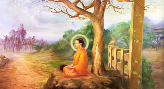 Hình ảnh Phật ngồi tọa thiền bên gốc cây khi vua Tỳ-lưu-ly kéo quân đến