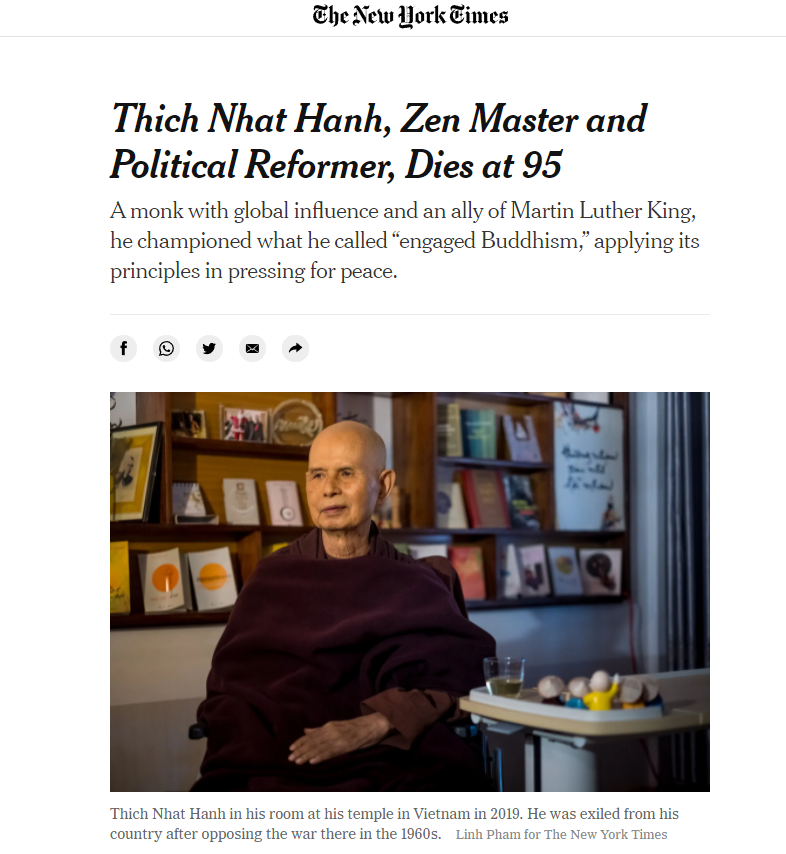 The New York Times viết về thiền sư Thích Nhất Hạnh sau khi ngài qua đời