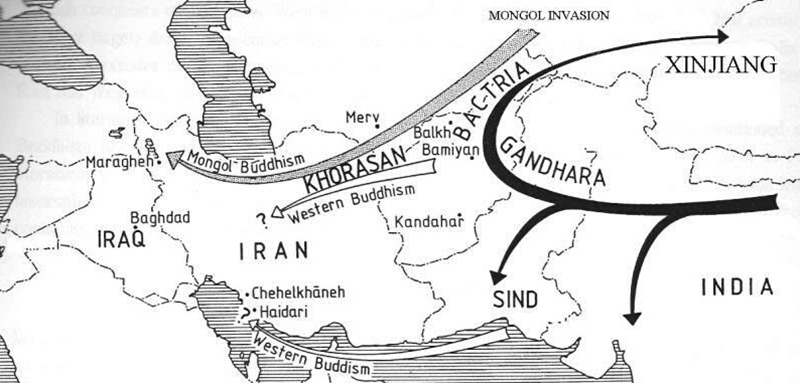 Hình 1. Hướng đi của các hoạt động truyền bá Phật pháp ở châu Á. (Phỏng theo: Ball, 1989: hình 1).