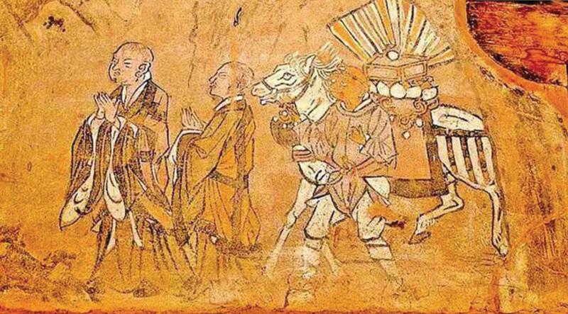Tranh vẽ Đường Huyền Trang đi thỉnh kinh trên vách đá thuộc Hang động Phật Ngàn. Nguồn: Sohu