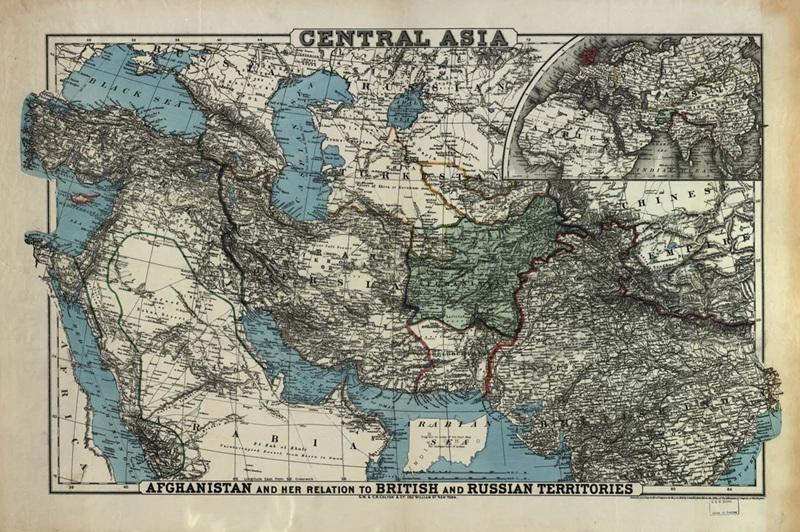 Bản đồ Afghanistan năm 1885 trong tương quan với các lãnh thổ thuộc Anh và Nga tại Trung Á.