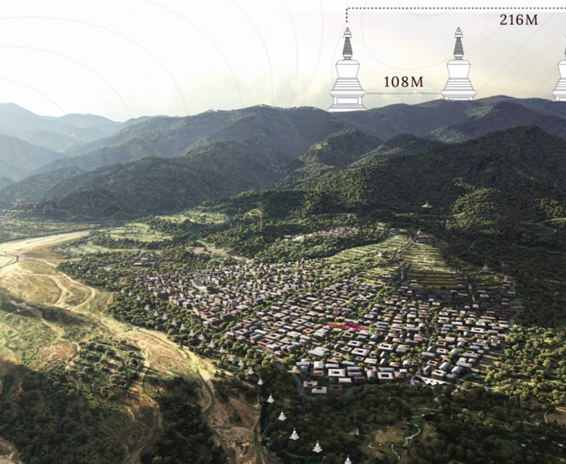 Hình ảnh phối cảnh nghệ thuật của Thành phố Thiền định Gelephu (GMC) với hành lang quy hoạch các tháp Chorten Jangchub hiện đang được thể hiện. Hình ảnh phối cảnh nghệ thuật của Thành phố Thiền định Gelephu (GMC) với hành lang quy hoạch các tháp Chorten Jangchub hiện đang được thể hiện.