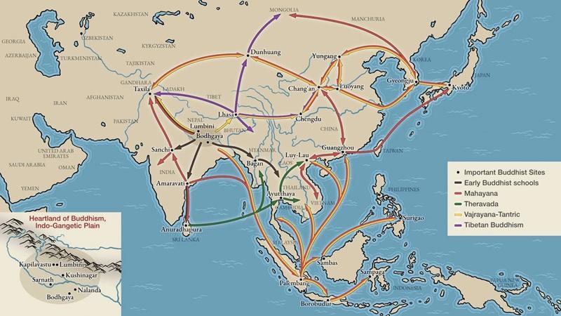 Bản đồ này khái quát các tuyến đường và những trung tâm quan trọng trong quá trình Phật giáo lan truyền khắp châu Á. Trên thực tế, sự di chuyển của con người và tư tưởng Phật giáo diễn ra phức tạp, liên tục và năng động hơn nhiều so với những gì một tấm bản đồ có thể thể hiện. Vì vậy, bản đồ chỉ phản ánh những khuynh hướng lịch sử tổng quát, chứ không bao quát toàn bộ các tuyến giao lưu đã từng tồn tại. Nguồn minh họa: Wouter F. Goedkoop - thevoyagersworkshop.com.
