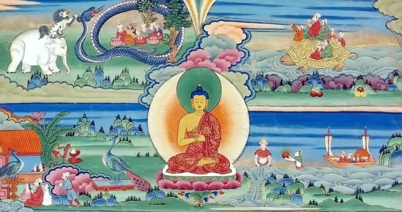 Như được thể hiện qua bức thangka Bhutan này (tranh cuộn), những câu chuyện về các đời sống quá khứ của Đức Phật, được gọi là các truyện Jataka, thường được thể hiện qua nghệ thuật. | The History Collection / Ảnh lưu trữ Alamy