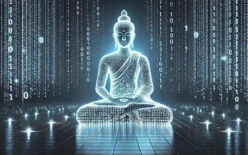 Hình ảnh do AI tạo ra này mô tả một vị Phật đang thiền định, được cấu thành hoàn toàn từ mã nhị phân—cụ thể là mã nhị phân ASCII của từ Hình ảnh do AI tạo ra này mô tả một vị Phật đang thiền định, được cấu thành hoàn toàn từ mã nhị phân—cụ thể là mã nhị phân ASCII của từ