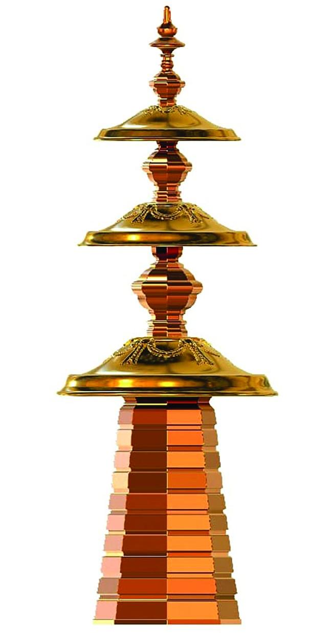 Hình ảnh chattra bằng đồng được đề xuất phục dựng trên đỉnh tháp Hình ảnh chattra bằng đồng được đề xuất phục dựng trên đỉnh tháp